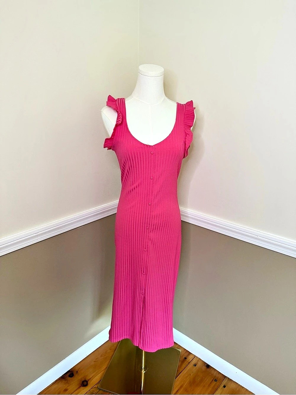 ZARA Pink Ribbed Ruffle Midi Dress Like New
